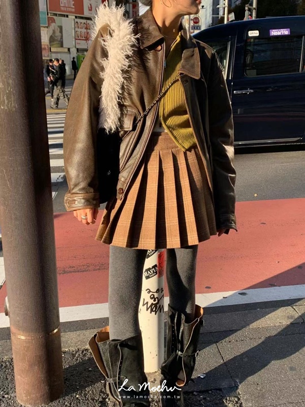 毛呢格紋百褶裙